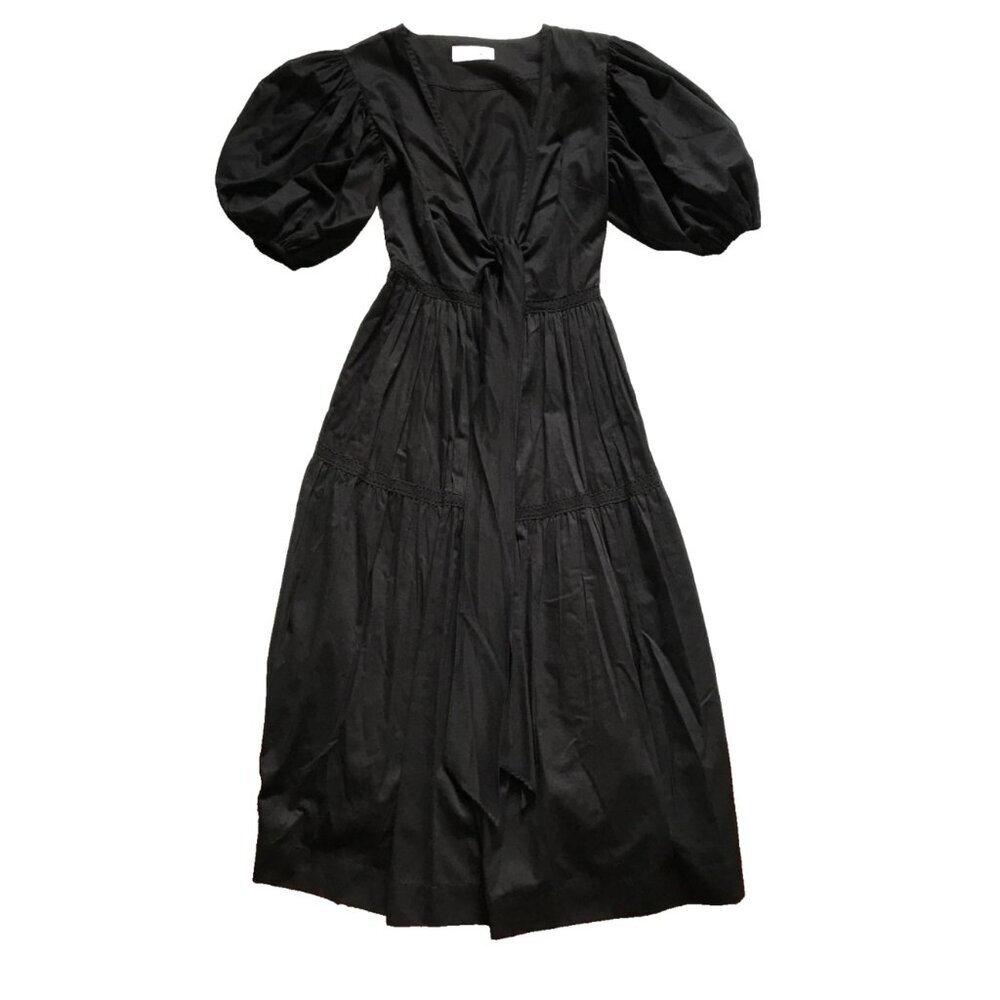 S/W/F Freedom Tie Front Midi Dress Womens XS Black V-Neck Short Puff Sleeve Boho